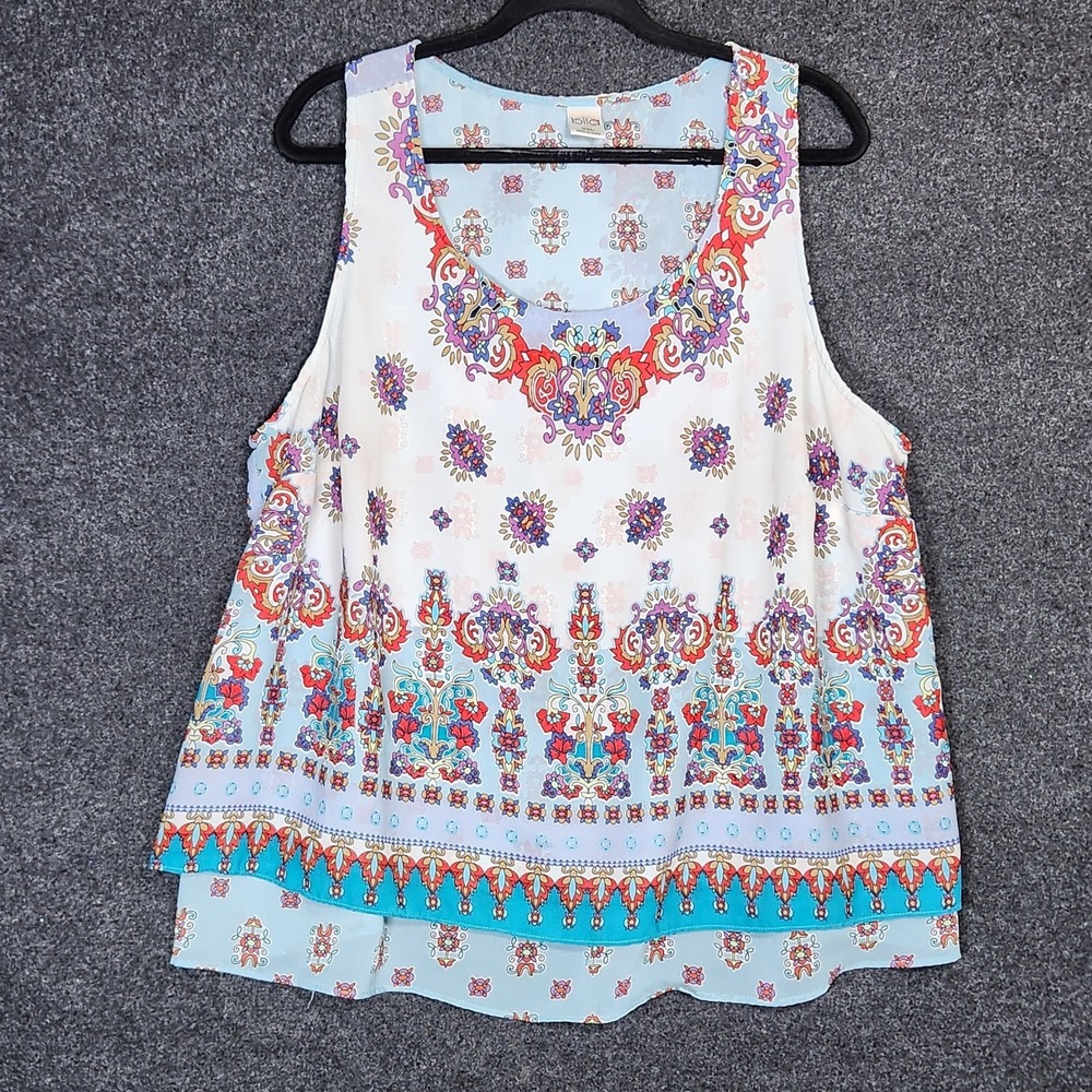 Bila Womens XXL Blue Paisley Mandela Boho Sleeveless Top Mediterranean Sheer